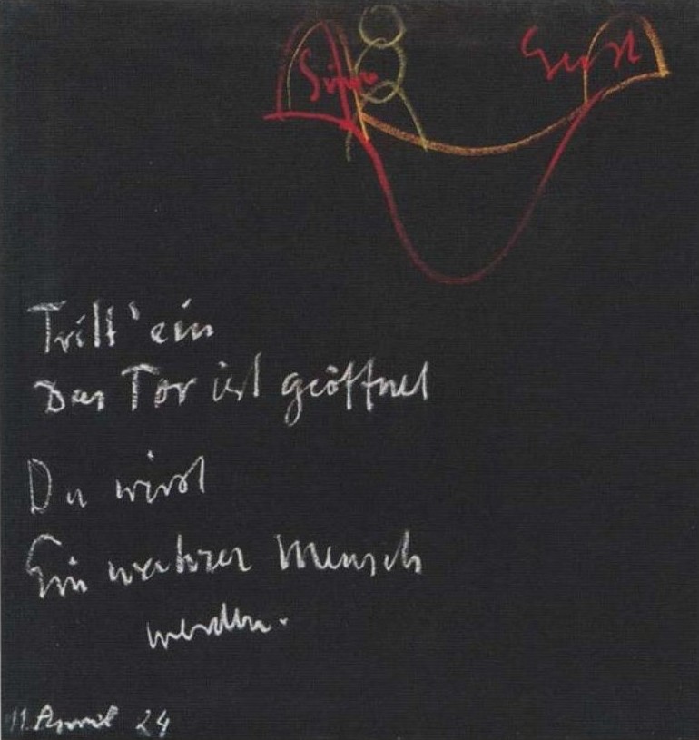 Wandtafel vom 11.4.1924: die rote Schwellen-Schwingung zwischen ‹Sinne› und ‹Geist› mit der Figur an der Schwelle; darunter das Tor-Wort.