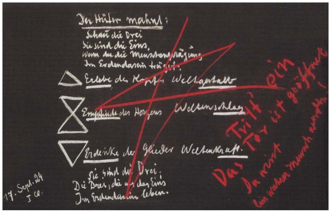 Wandtafel der Sechsten Wiederholungsstunde (17.9.1924): ‹Schau die Drei› mit den drei Siegelzeichen und dem roten Tor-Wort ‹Das Tor ist geöffnet›.