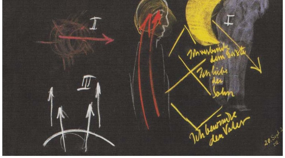 Wandtafel Rudolf Steiners vom 20. September 1924: links die drei Merkbilder zu den Strophen (rote Spirale mit Pfeil und ‹I› = Mondessichel/Karma; ‹II› als Sanduhrzeichen; weisse Menschenfiguren über einem Erden-Kreisbogen mit ‹III›); in der Mitte eine Menschengestalt mit roten Willensströmen zum Haupt; rechts die gelbe Mondsichel und das Michael-Siegel (liegendes Kreuz/Raute) mit ‹Ich verbinde dem Geiste / Ich liebe der Sohn / Ich bewundere den Vater›; unten rechts das Datum ‹20. Sept.›.